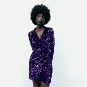 NWT Zara purple crushed velvet-like sequin blazer long sleeve short dress, S